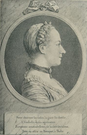 JUSTINE FAVART
From an engraving by J. J. Flipart, after the drawing by Charles Nicolas
Cochin fils