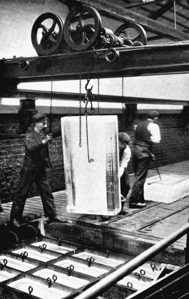 By permission of Messrs. J. and E. Hall, Ltd., London and Dartford

Machine-made Ice

Here we see a huge block of ice being lifted (it may be on a hot summer day)
from the mould in which it has been made