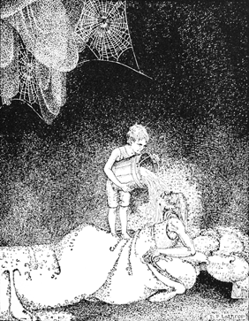 GROPING HIS WAY TO THE BUCKET OF
COLD WATER&mdash;HE MANAGED TO RAISE IT
UP IN HIS ARMS, AND POURED IT OVER
THE SLEEPER.