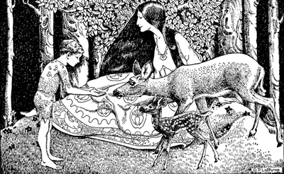 THE DOE&mdash;TIMIDLY SMELT AT HIS HAND,
THEN LICKED IT WITH HER LONG PINK
TONGUE.