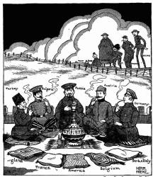 [German Cartoon]
Smoking the Peace Pipe
&mdash;From Der Brummer, Berlin.
The Entente: "What a pity we are excluded!"