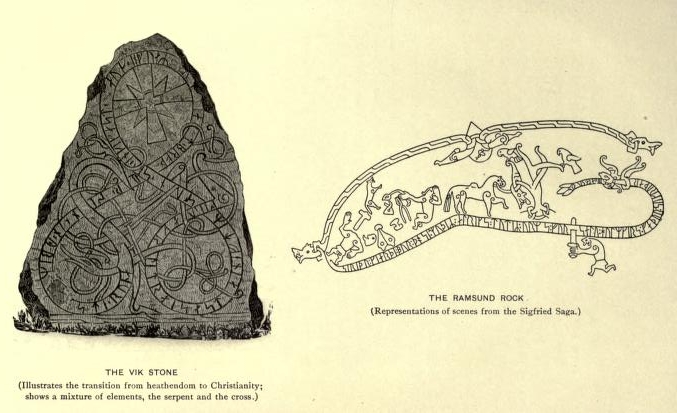 The Vik Stone (Illustrates the transition from heathendom
to Christianity; shows a mixture of elements, the serpent and the
cross.)&mdash;The Ramsund Rock (Representations of scenes from the
Sigfried Saga.)