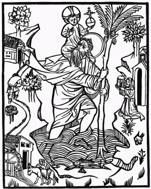 FIG. 2.&mdash;St. Christopher, 1423. From Ottley’s “Inquiry
into the Origin and Early History of Engraving upon Copper and in
Wood.”