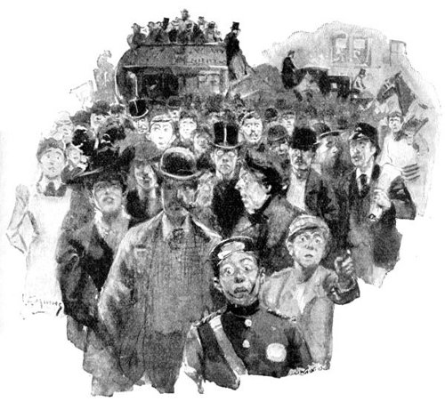 "THE CROWD STRETCHED NEARLY ACROSS THE ROADWAY, IMPEDING
THE TRAFFIC."