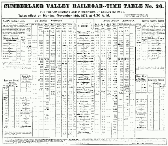 Figure 10.&mdash;Timetable of the Cumberland Valley Railroad for 1878.