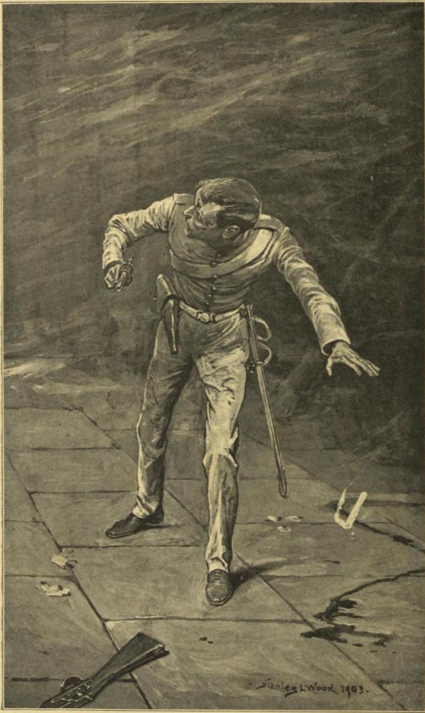 HE DROPPED THE LIGHTED CANDLE ON THE THIN TRAIL
OF POWDER