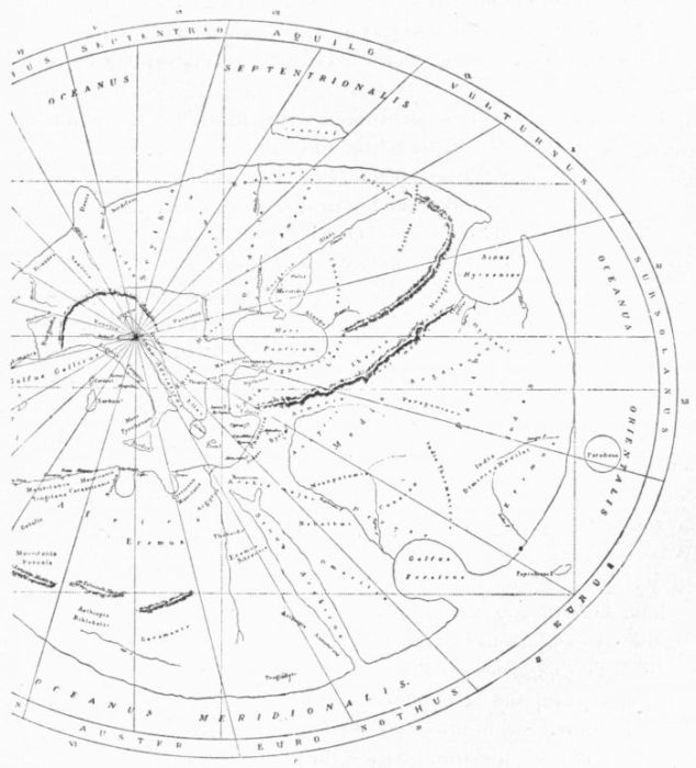 PRE-COLUMBIAN MAPPEMONDE, PRESERVED AT RAVENNA, RESTORED BY GRAVIER
    AFTER D'AVEZAC IN BULLETIN DE LA SOCIÉTÉ NORMANDE, 1888.