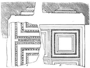 Fig. 142.&mdash;Fragments of Coffered Ceilings from the
Parthenon.

A. From the Side Pteroma. B. From the Epinaos.