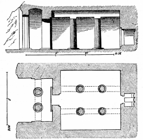 Fig. 8.&mdash;Section and Plan of the Northernmost Rock-cut
Tomb at Beni-hassan.