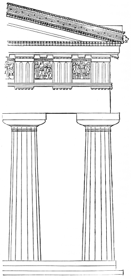 Fig. 136.&mdash;Corner Elevation of the Middle Temple of the
Acropolis of Selinous. Restoration.