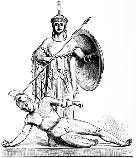 Fig. 200.&mdash;Central Figures of the Western Gable, Temple
of Athene upon Ægina.