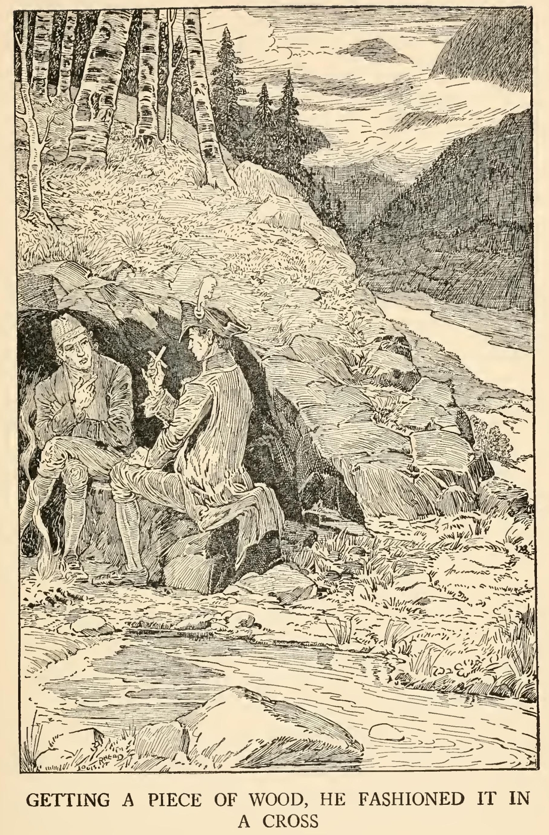 Getting a piece of wood,
he fashioned it in a cross