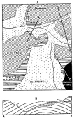 Fig. 164&mdash;Geologic sketch map and section, Antabamba
region. The Antabamba River has cut through almost the entire series of
bedded strata