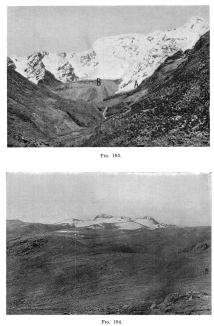 Fig. 193&mdash;Panta Mountain and its glacier system. The
talus-covered mass in the center (B) is a terminal moraine topped by the
dirt-stained glacier that descends from the crest. The separate glaciers
were formerly united to form a huge ice tongue that truncated the
lateral spurs and flattened the valley floor. One of its former stages
is shown by the terminal moraine in the middle distance, breached by a
stream, and impounding a lake not visible from this point of view.