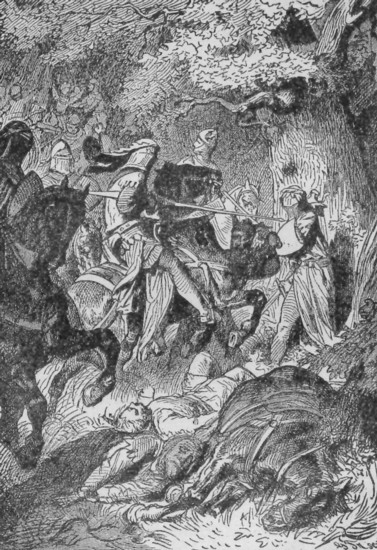 Sininen ritari ajaa karautti l�hemm� ja aikoi naulata
h�net peitsell� puuhun kiinni.