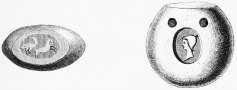 No. 210. Terra-cotta Disc stamped with a Swan and an
Antelope (6 M.). Remarkable for the depth.

No. 211. Terra-cotta Disc pierced with two holes, and
stamped with the Head of a Warrior. Remarkable for the depth (8 M.).