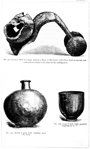 No. 236.&mdash;Curious Plate of Copper (perhaps a Hasp of the Chest), with
Discs fixed on one end, and a Silver Vase welded to the other by the
conflagration.

No. 237.&mdash;Bottle of pure Gold, weighing about 1 lb. Troy.

No. 238. Cup of pure Gold, panelled, weighing 7½ oz. Troy.

THE TREASURE OF PRIAM.

Page 325.

