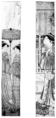 SHUNCHO: TWO LADIES UNDER UMBRELLA.
SHUNCHO: THE COURTESAN HANA-ŌJI&mdash;THE SUMIDA RIVER SEEN
THROUGH THE WINDOW.