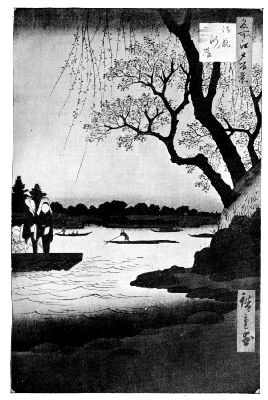 HIROSHIGE: THE OMMAYA EMBANKMENT, ON THE SUMIDA RIVER AT
ASAKUSA&mdash;EVENING.