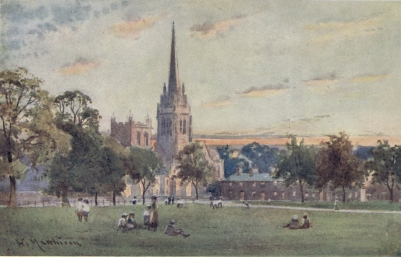 PARKER’S PIECE

This large open space in the centre of Cambridge is one of the Town’s
playgrounds. In the distance is the Roman Catholic Church, and the
boundary wall of the Perse Grammar School, just behind the trees on the
left.