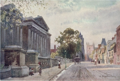 THE FITZWILLIAM MUSEUM&mdash;EVENING

In the distance are seen the square tower of the Pitt Press and Pembroke
College. Behind the trees are Peterhouse and the Congregational
Church.