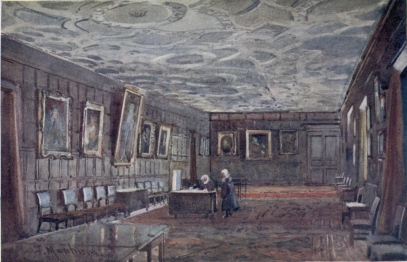 THE COMBINATION ROOM, ST. JOHN’S COLLEGE

This Gallery is used by the Fellows and is 93 feet long. It contains
portraits of many College worthies. The approach to it is by a Turret
Staircase in the Second Court. Its panelled walls and rich plaster-work
ceiling make it one of the finest specimens of its kind left in
England.