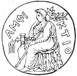 Fig. 16.&mdash;Apollo on his sacred tripod, a laurel branch in his hand.(From a coin, probably of Delphi.)