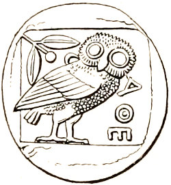 Fig. 17.&mdash;Coin of Athens, of the age of Pericles or earlier, showing olive spray.