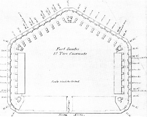 First-floor plan, Fort Sumter, March 1861. The Gorge (designed for officers&rsquo; quarters) is at the base of the plan. Gun casemates line the other four sides. The fort magazines were at either extremity of the Gorge in both casemate tiers. Courtesy National Archives.