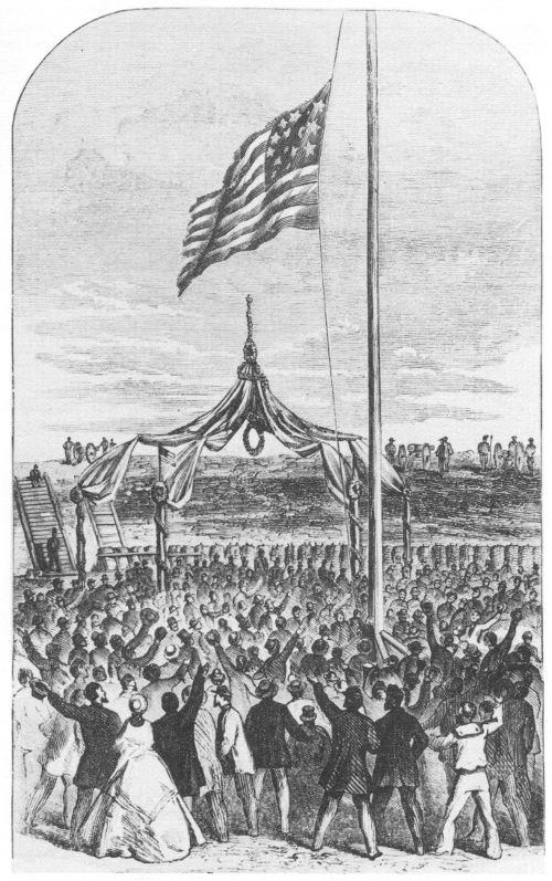Raising the original flag at Fort Sumter, April 14, 1865. Contemporary artist&rsquo;s sketch from French and Cary, The Trip of the Steamer Oceanus to Fort Sumter.