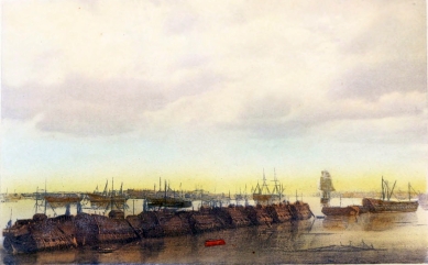 Prison Hulks at Portsmouth

Old hulks of English warships were first used as prisons when the
American War of Independence closed the shores of the colonies to the
convict-exile and rendered some additional prison space in England
immediately necessary. Used as prisons of war: many American prisoners
were confined there after the War of 1812,&mdash;loathsome places of durance
from which escape was difficult. They were also used for temporary
detention of prisoners sentenced to penal servitude in the colonies over
seas.