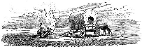 fireside scene with covered wagon and horse
