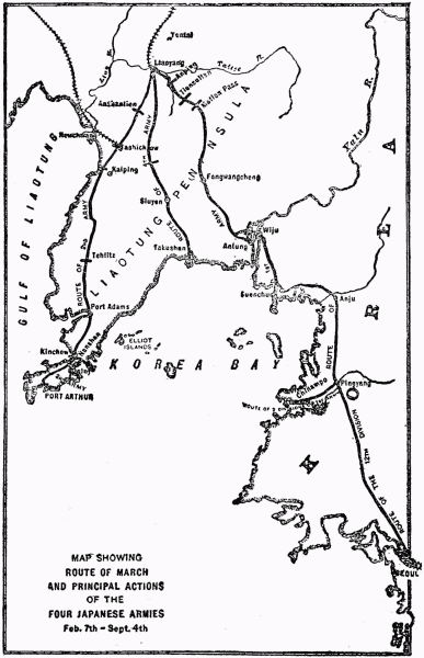 MAP SHOWING ROUTE OF MARCH AND PRINCIPAL ACTIONS
OF THE FOUR JAPANESE ARMIES Feb. 7th-Sept. 4th.
