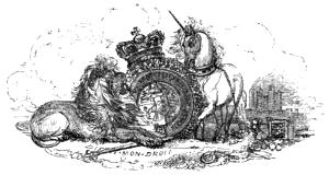 A lion and
a unicorn seem to be fighting over the royal crest; the White Tower of
the Tower of London in the background.