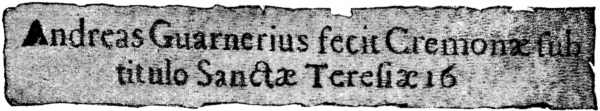 Andreas Guarnerius fecit Cremon&aelig; sub titulo Sanct&aelig; Teresi&aelig; 16