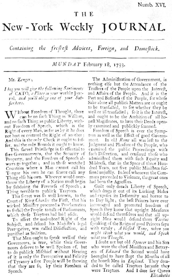 Front page of New-York Weekly Journal