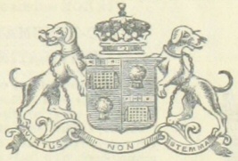 Heraldic shield with two dogs and crown etc.