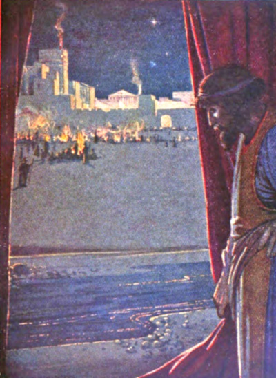 Agamemnon heard the sound of pipe and flute and laughter of men as
the Trojans feasted and made merry (page 86)