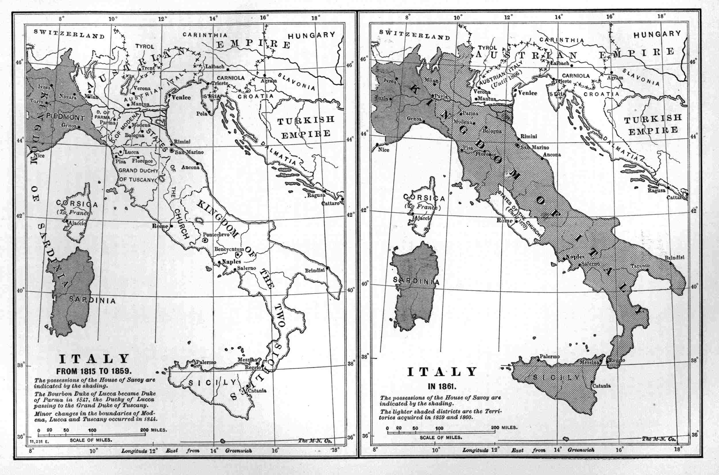 Two maps of Italy,
A. D. 1815 to 1859, and 1861.