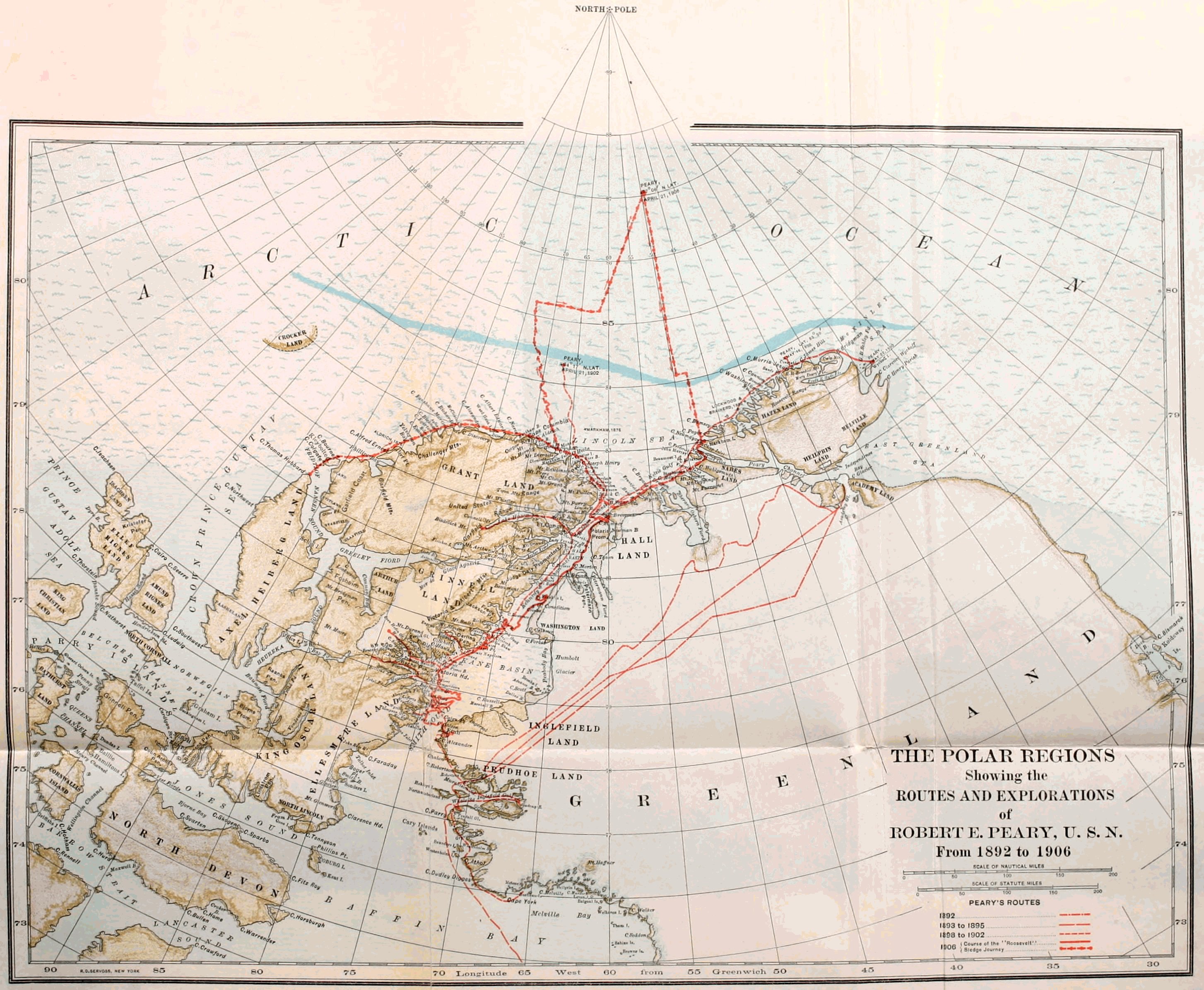 THE POLAR REGIONS Showing the ROUTES AND EXPLORATIONS of ROBERT E. PEARY, U. S. N. From 1892 to 1906