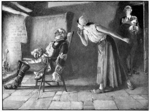 Yvonne, with a finger to her lips, holding her petticoats off the floor, stole in,
and behind her a stranger