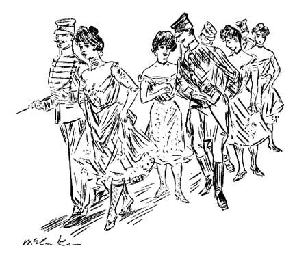 A flock of girls, each escorted by a young
man, generally an officer