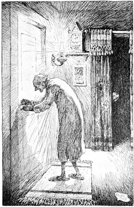 STOOPED OVER, HE WAS DOING SOMETHING TO THE LOCK OF
THE KITCHEN DOOR