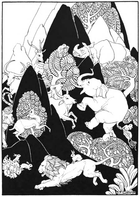 So taking the little hare on his back, he sprang forward
with the speed of a lion.