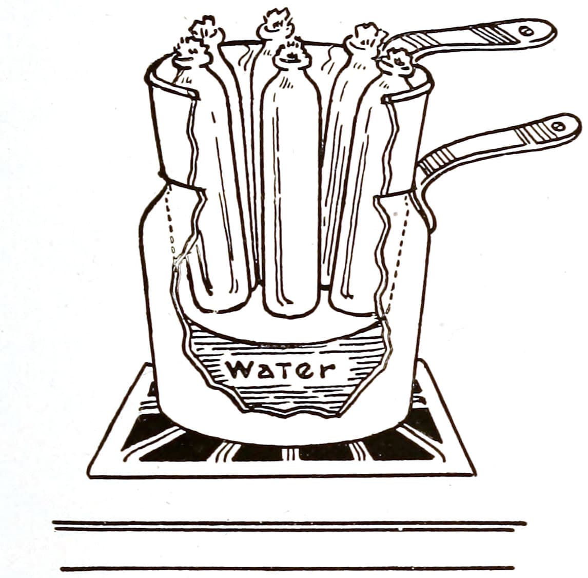 Bottles of milk in a pot
suspended in a pot of water