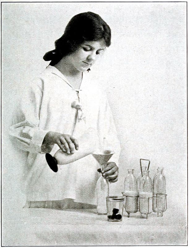 A woman using a funnel to fill
bottles