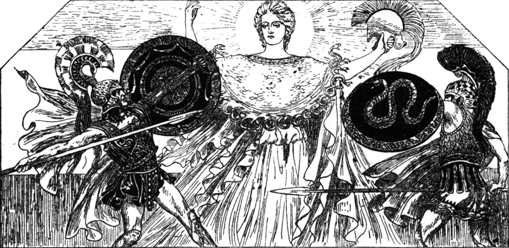 Athene mischt sich in den
  Kampf zwischen Hektor und Achilles ein