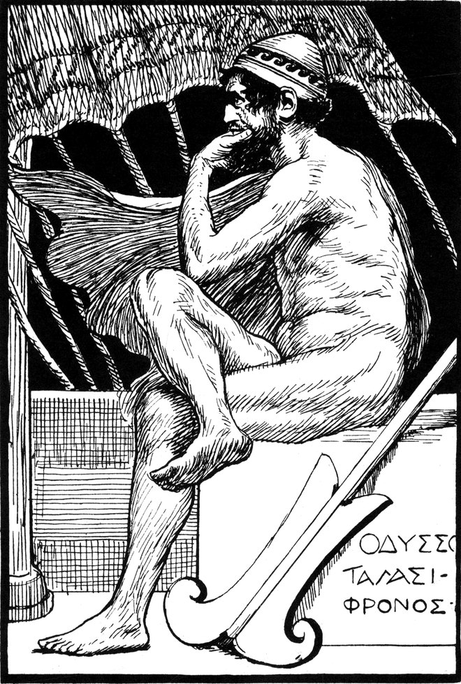 Odysseus sitzt nachdenkend
  auf seinem Schiff