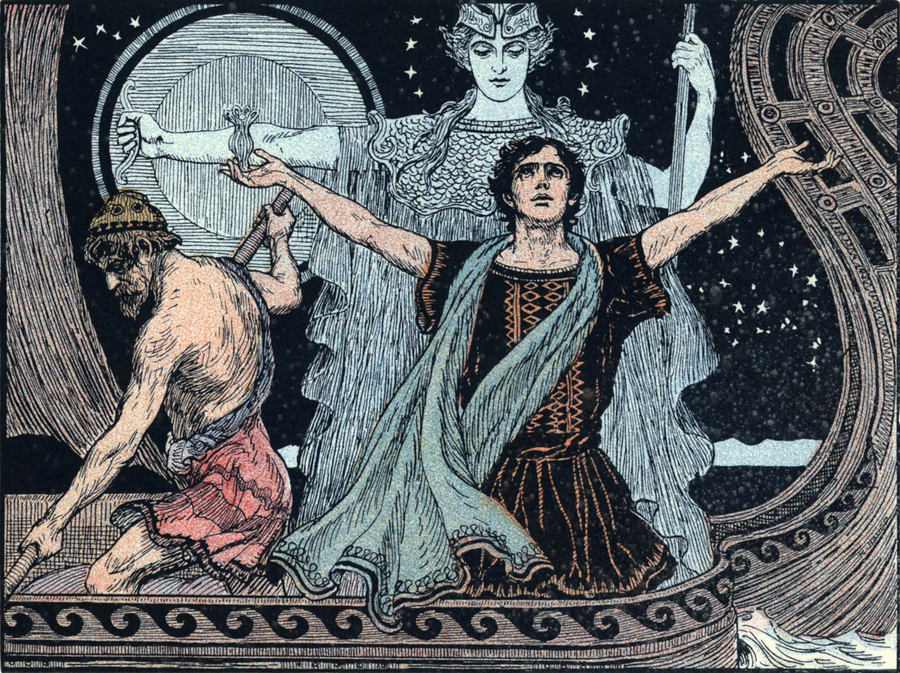 Telemachos fährt nachts auf
  dem Meer