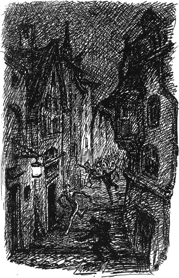 Der Erzähler auf der Flucht
  vor seinen Verfolgern in den engen, dunklen Gassen der Stadt